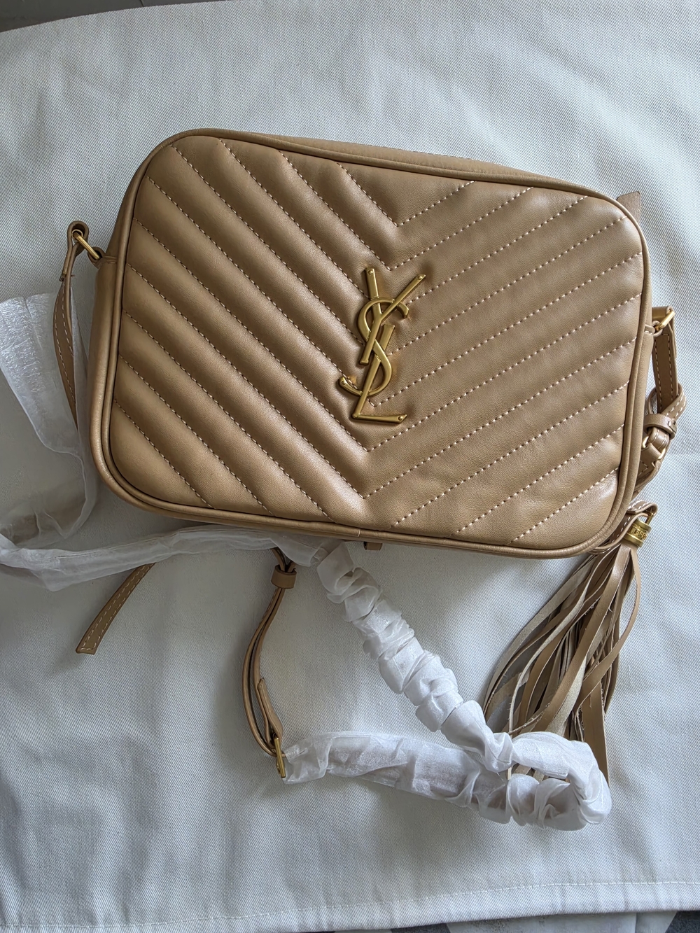 Camel Quilted Crossbody Bag with Gold and Tassel